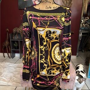 Elegant Black and Gold Chain Print Dress